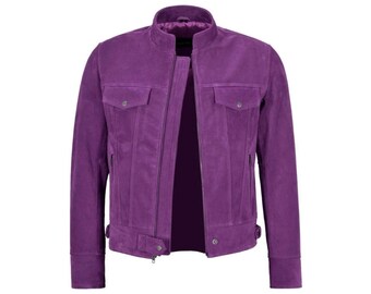 Men’s Purple Suede Leather Jacket – Slim Fit Moto Style Biker Coat | Bold Stand Collar Zip-Up Outerwear | Rockstar Vintage Look