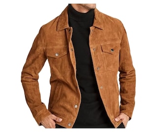 Men’s handmade Brown Suede trucker leather jacket Premium slim fit stylish biker design, soft suede coat made with sheepskin leather