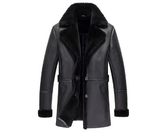Men’s Shearling Leather Trench Coat – Long Winter Sheepskin Jacket – Black Real Leather Overcoat – Warm Fur Lined Coat for Cold Weather