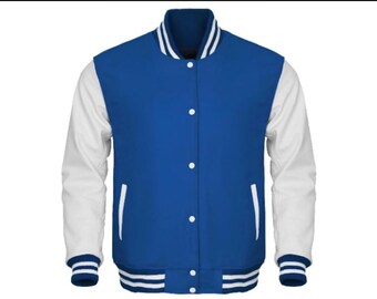 Men handmade Blue and White Varsity Jacket  Letterman Bomber Jacket Baseball Style Jacket Vintage College Jacket Street wear Outerwear