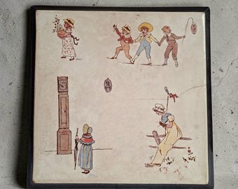 May include: A square ceramic tile with a dark border featuring illustrations of children in vintage clothing. Scenes include a child with a flower pot, three children holding hands, a tall grandfather clock, and a person sitting on a fence.