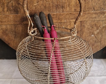 アンティークの卵バスケット、ワイヤー、希少、大型、フランスの