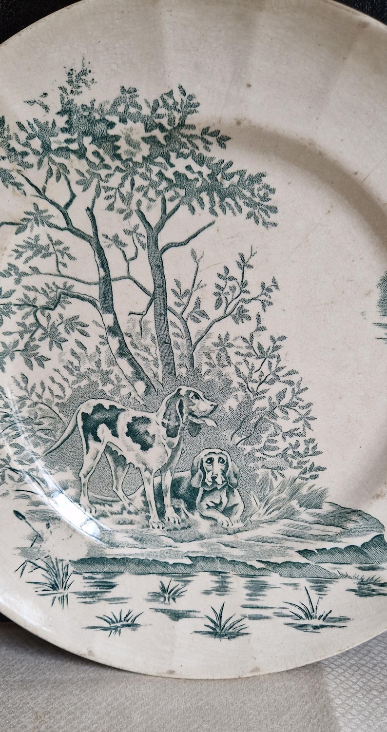 May include: Off-white ceramic plate with a teal illustration of two dogs in a forest scene. One dog is standing, the other is lying down. Trees and foliage surround the dogs, with a body of water in the foreground.
