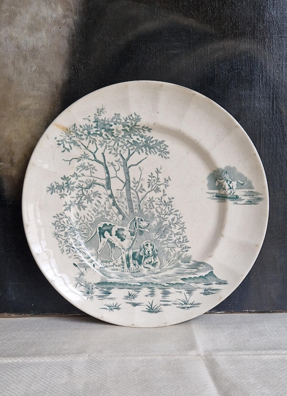 Antiker Essteller Terre de fer Longchamp Veneur Jagdmotiv  french vintage decor