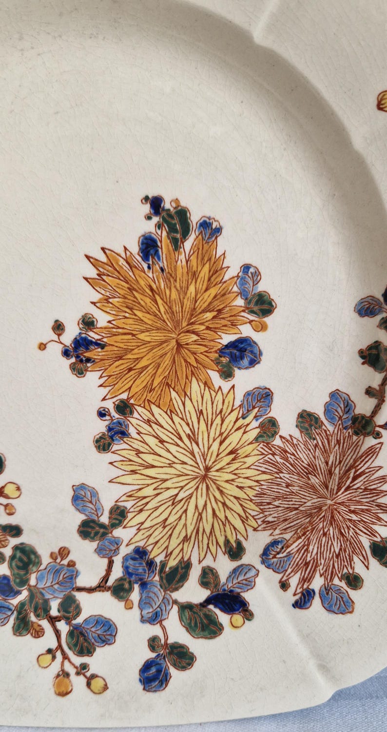 Antik Gien Terre de fer polykrom tallrik med blommotiv, shabby vintage, från Frankrike, sällsynt bild 7
