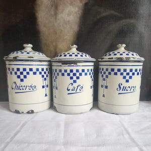 Set of 3 antique Lustucru Shabby vintage enamel storage jars from France