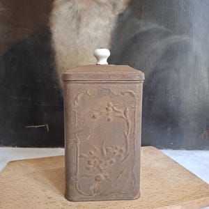 May include: A rectangular, rusted metal canister with a hinged lid and a small, white ceramic knob. The front panel features an embossed floral design within a decorative border. The metal surface shows a weathered, brown, oxidized patina.