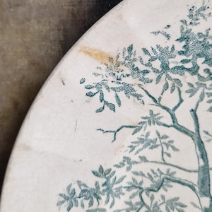 May include: A section of a white ceramic plate with a teal tree and leaf design. The plate has a slightly worn appearance with some discoloration. The design is a detailed illustration of a tree with many leaves.