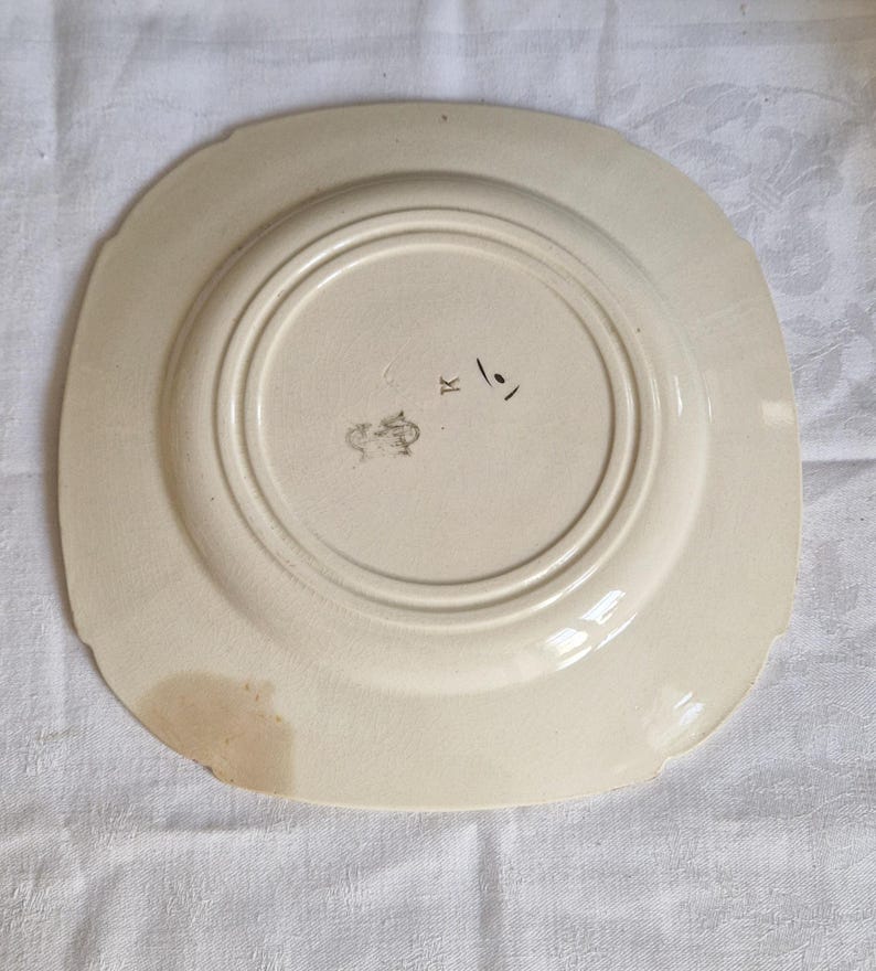 Antik Gien Terre de fer polykrom tallrik med blommotiv, shabby vintage, från Frankrike, sällsynt bild 5