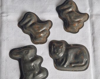 Juego de 4 figuras antiguas de animales, pato y gato, decoración vintage francesa