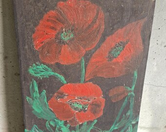 May include: An oil painting on canvas featuring three vibrant red poppy flowers with textured green centres and stems. The flowers are set against a dark, muted brown background, with visible brushstrokes throughout the floral composition.