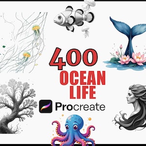 400 Ocean Life Procreate Stamps Brush Set, Marine Animal Designs, Sea Creature Brushes, Digital Stencils, Nautical Art Elements