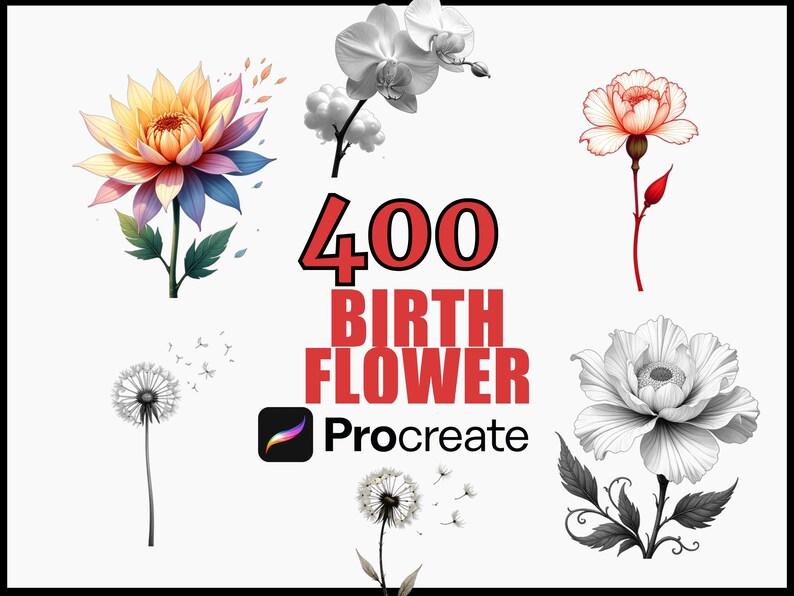 400 Procreate Birth Flower Stamp Brushes Set, Floral Design Stencils ...