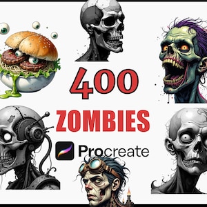 Może przedstawiać: Cyfrowa grafika przedstawiająca sześć ilustracji zombie. Obraz zawiera burgera z gałkami ocznymi, czaszkę piłki nożnej, zombie z fioletowymi włosami, czaszkę cyborga, zombie w okularach i czaszkę z falowanymi włosami. Tekst brzmi "400 ZOMBIES" i "Procreate".