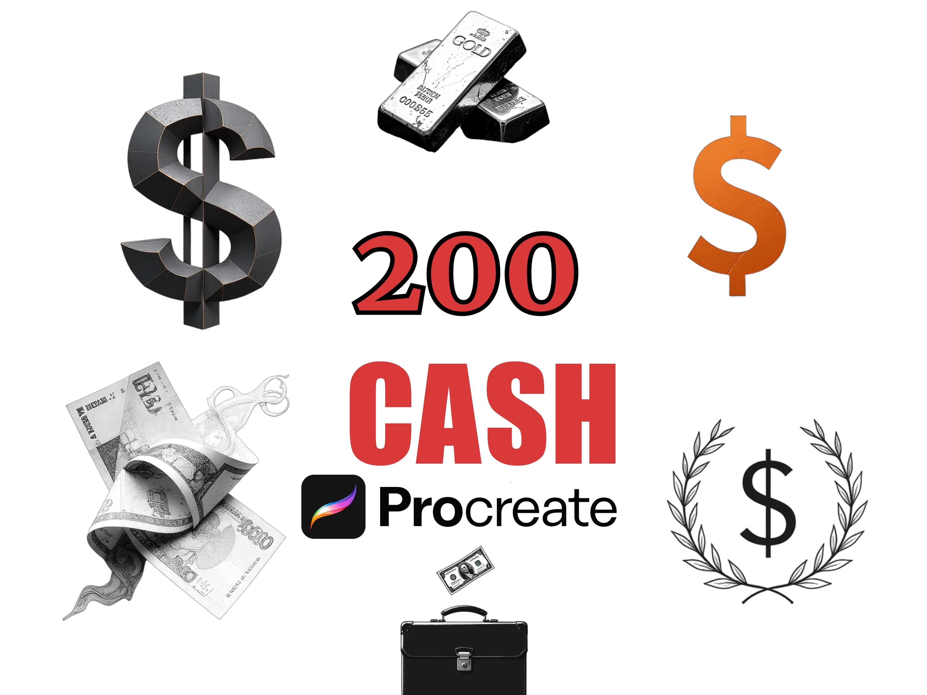 200 枚の Cash Procreate ブラシスタンプ、マネーデザイン (デジタルダウンロード) - Etsy 日本