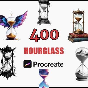 May include: An image featuring various hourglass designs. The image includes an hourglass with angel wings, a black and white hourglass, and an hourglass with a mountain scene. The text "400 HOURGLASS" is also present.
