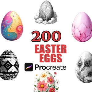 Può includere: Un'immagine con sei uova di Pasqua decorative con vari disegni e colori. Il testo "200 EASTER EGGS Procreate" è visualizzato in rosso e nero. Le uova presentano motivi, disegni floreali e una sfumatura di colori.