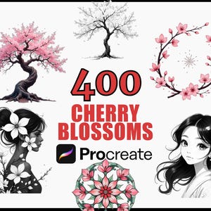 400 tampons et pinceaux Procreate en fleurs de cerisier, lot de motifs floraux, illustrations de Sakura, pinceaux d&#39;art numérique, tampons Spring Nature