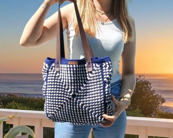 Handmade Crochet Straw Tote Bag – Navy, Brown & White  Handcrafted Crochet Tote Bag - Brown and Blue main image 1
