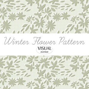 Może przedstawiać: Wzór kwiatowy z jasnozielonym tłem i białymi kropkami. Projekt przedstawia stylizowane kwiaty i liście w stonowanym zielonym kolorze. Tekst "Winter Flower Pattern" jest wyświetlany kursywą, z napisem "VISUAL avenue" poniżej.