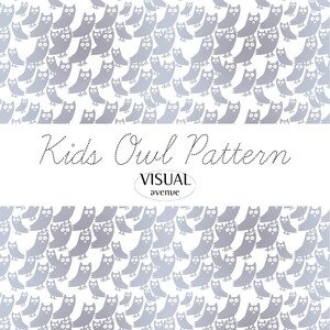 Może przedstawiać: Powtarzający się wzór stylizowanych sów w odcieniach szarości na białym tle. Tekst "Kids Owl Pattern" znajduje się nad logo "VISUAL avenue". Ten wzór jest odpowiedni dla produktów dla dzieci.