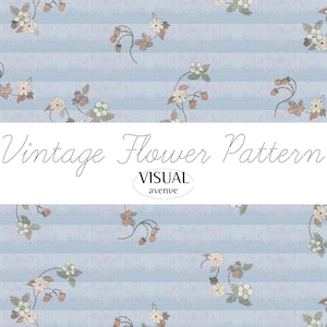 May include: A vintage floral pattern design featuring delicate flowers and berries on a light blue striped background. The text "Vintage Flower Pattern" is displayed in an elegant script, with "VISUAL avenue" below.