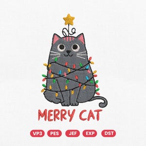 Desenho de bordado de gato de Natal, gato cinza fofo envolto em luzes com chapéu de estrela, arquivo de bordado à máquina, download instantâneo DST Pes Exp