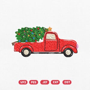Christmas Truck Embroidery Design, Red Vintage Truck with Christmas Tree Machine Embroidery File, Instant Download Dst Pes Exp Jef Vp3