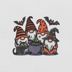 Halloween Gnome Embroidery Design, Spooky Witch Gnome Embroidery Machine File, Halloween Black Cat Embroidery File, Instant Download, Pes
