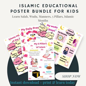 Islamische Kinder Lernposter Bündel | Salah, Wudu, Manieren, 5 Säulen, Monate | Muslimisches Kind Wandkunst | Ramadan Homeschool Printables