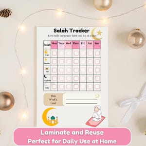 Mädchen Islamischer Salat Tracker Printable | Muslimische tägliche Gebetstabelle für Kinder | Rosa Wiederverwendbarer Salah Stundenplan | Ramadan Gebets-Routine-Diagramm
