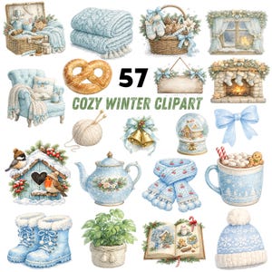 Può includere: Una collezione di 57 illustrazioni a tema invernale che include una coperta in maglia blu, un cesto di vimini con muffole, un camino, un pretzel, un gomitolo di lana, una teiera, una sciarpa, una tazza con marshmallow, stivali, una pianta e un libro.