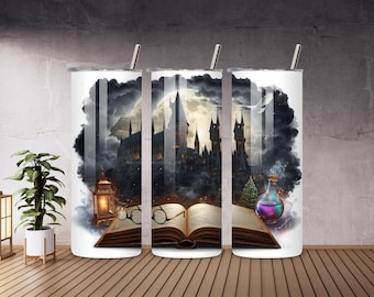 Envoltura para vaso de la Escuela de Magos PNG / Diseño de sublimación delgado de 20 oz / Mundo de fantasía de Castillo Mágico / Búho de poción de la Casa del Mago Descarga digital