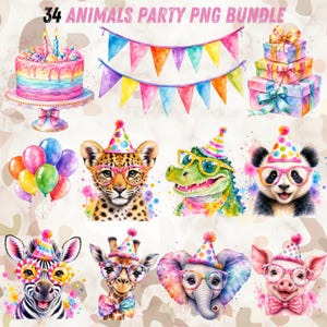 May include: A digital collection of 34 party-themed watercolor illustrations featuring a rainbow cake, colorful bunting, stacked gift boxes, and various animals including a leopard, crocodile, panda, zebra, giraffe, elephant, and pig wearing party hats.