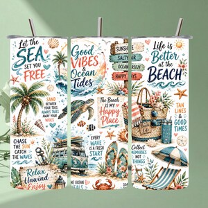 May include: A cylindrical stainless steel tumbler with a straw, featuring a colourful beach-themed wrap design. Graphics include palm trees, a sea turtle, a vintage van, a beach bag, flip-flops, a lounge chair, and text like Let the SEA SET YOU FREE.
