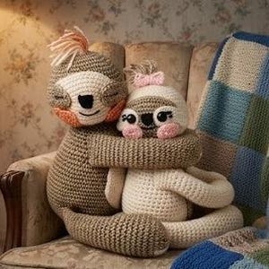 以下が含まれることがあります： 抱き合っている2体の編みぐるみのナマケモノのぬいぐるみ。大きい方のナマケモノは薄茶色で、顔はクリーム色、頬はオレンジ色で、頭に毛糸の房があります。小さい方のナマケモノはクリーム色で、頬はピンク色、大きな暗い目をしており、頭に小さなピンクのリボンが付いています。