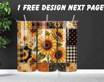 Cottagecore Sunflower Tumbler Wrap png, 20oz Tumbler Wrap png Wzory sublimacyjne Szycie i zgniatanie Styl patchworkowy Natychmiastowe pobieranie cyfrowe