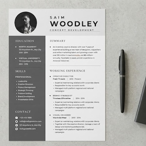 May include: A professional resume template featuring a black and white layout with a circular headshot, the name Saim Woodley, and sections for education, skills, contact, summary, and working experience, accompanied by a black pen and notebook.
