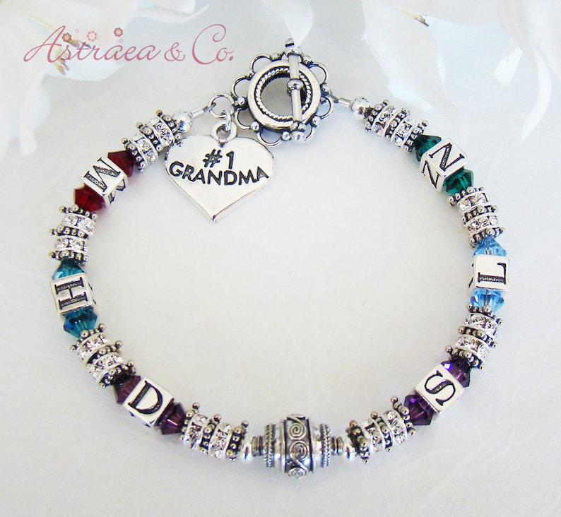Sterling Family Initials Bracelet personalized Initial Bracelet with up to 6 Grandchildren/'s Initials and Birthstones Grandma Jewelry