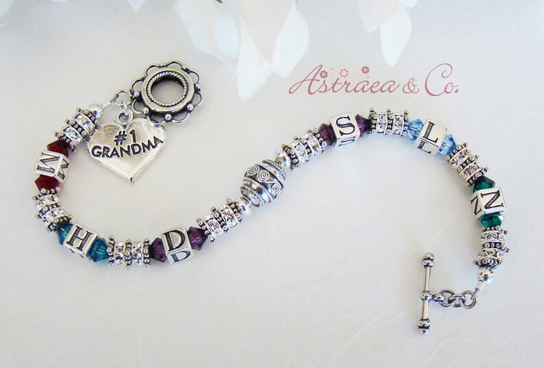 Sterling Family Initials Bracelet personalized Initial Bracelet with up to 6 Grandchildren/'s Initials and Birthstones Grandma Jewelry