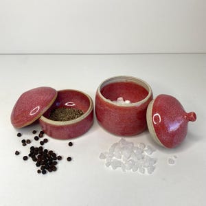 May include: Two round ceramic containers with lids, featuring a speckled red glaze and light-coloured rims. One container holds black peppercorns, with more scattered nearby, while the other holds white salt crystals, also scattered beside it.