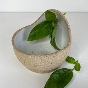 May include: A speckled beige ceramic wall planter with a smooth white interior glaze and an asymmetrical rim. The planter features two small holes for mounting and contains fresh green basil leaves, with additional basil leaves resting nearby.