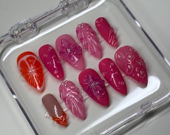 3D Press On Nails | Strawberry & Orange Fruit Design | Floral Embossed Summer Nails | Handmade Cute Nail Art Set