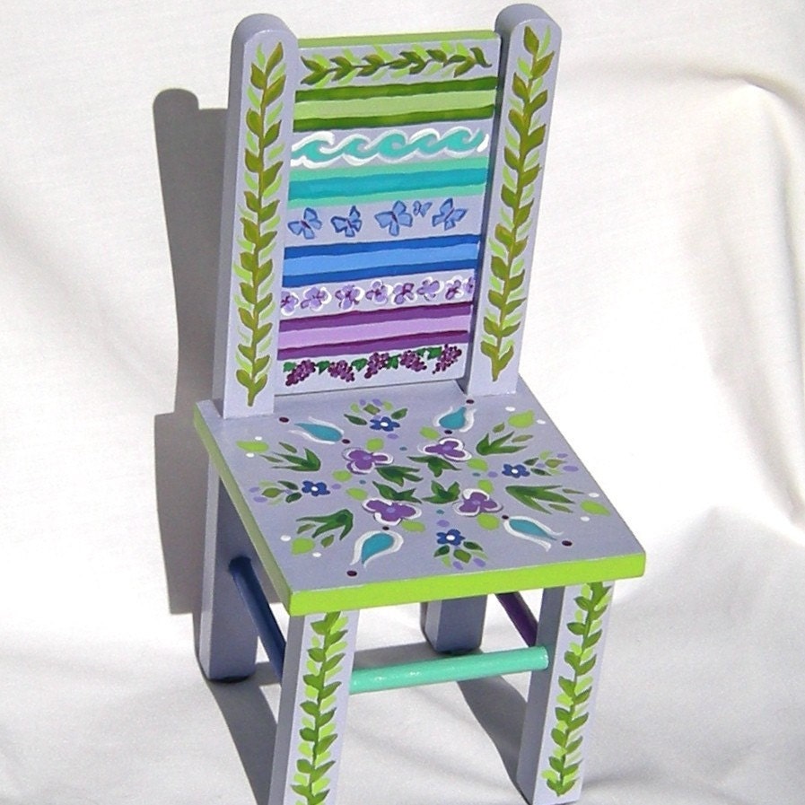 Doll Furniture Doll Chair with Lavender Blue and Green Folk