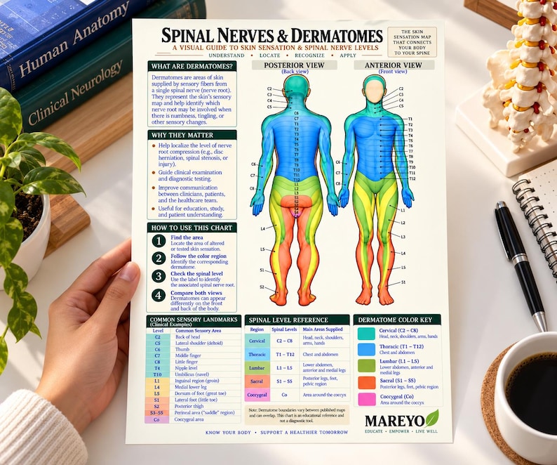 Tabla de nervios espinales y dermatomas, póster del mapa de dermatomas ...