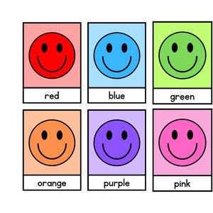 May include: Eight cards displaying smiley faces in various colours: red, blue, green, yellow, orange, purple, pink, and brown. The colour name is printed beneath each smiley face on the card.