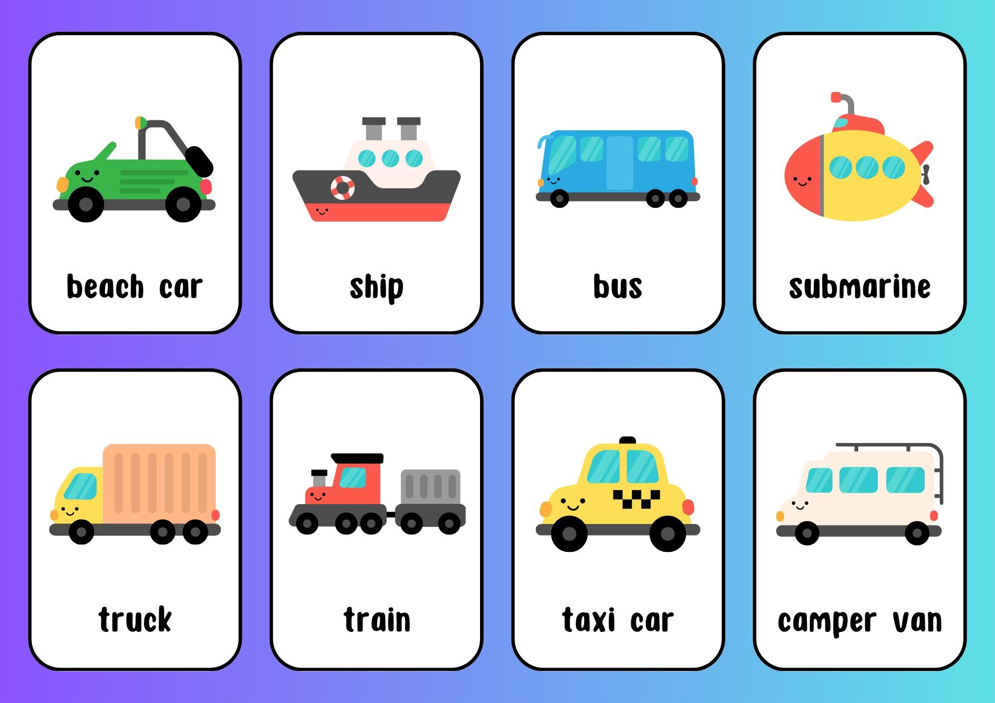 Vehicles Flashcards | Printable Transportation Cards for Kids | Cars ...
