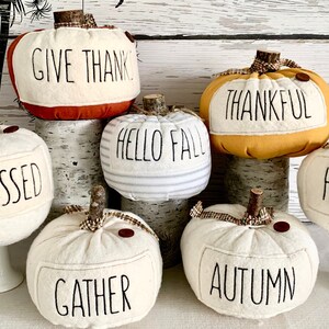 Fabric pumpkins, embroidered, Thanksgiving, farmhouse decor, fall decor, rustic fall, tiered tray decor, stuffed pumpkins, fall centerpiece