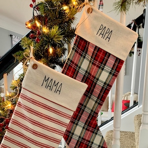 Farmhouse Christmas stockings, Personalized, Embroidered, red and beige striped, Rustic Christmas decor, family keepsake, Holiday mantle,