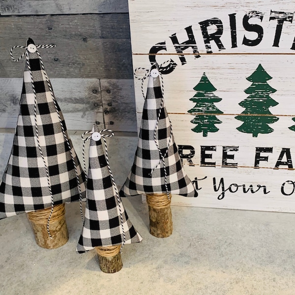 Fabric Christmas trees, black, white, buffalo plaid, Farmhouse Christmas decor, Set of 3, Holiday decor, buffalo check, mantle decor, modern